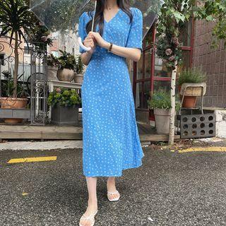 Ditsy Flower Long Wrap Dress Cobalt Blue - One Size