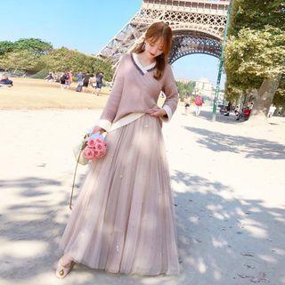 Set: Contrast Trim Sweater + Mesh Maxi A-line Skirt