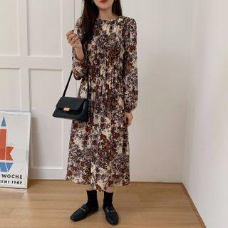 Puff-sleeve Floral Chiffon Dress Floral - One Size