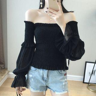 Off Shoulder Smocked Blouse Black - One Size