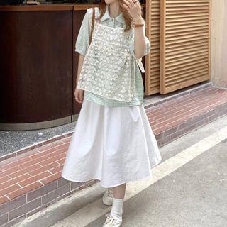 Short-sleeve Plaid Blouse / Spaghetti Strap Lace Top / Midi A-line Skirt