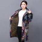 Fleece-lined Printed Hooded Buttoned Coat