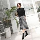 Striped Knit Midi Pleat Skirt