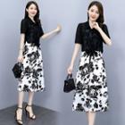 Set: Short-sleeve Tie-front Blouse + Floral Print Midi A-line Skirt