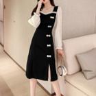 Bell-sleeve Two-tone Slit A-line Dress