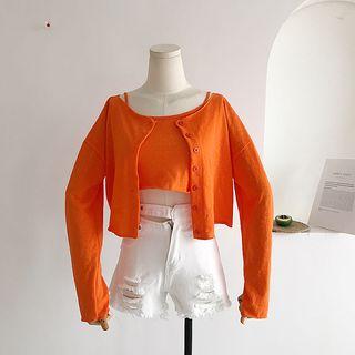 Set Of 2: Plain Cropped Camisole + Long-sleeve Plain Cardigan