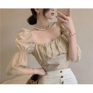 Elbow-sleeve Square-neck Chiffon Crop Top