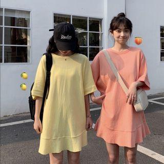 Plain Elbow-sleeve Loose-fit Dress