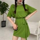 Elbow-sleeve Tie-waist A-line Mini T-shirt Dress Green - One Size