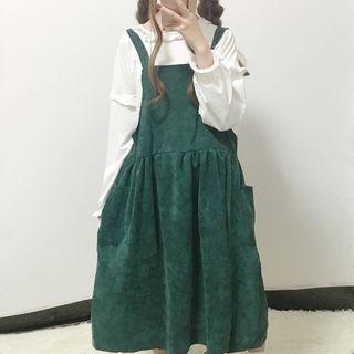 Ruffle Trim Long-sleeve T-shirt / Corduroy Midi Pinafore Dress