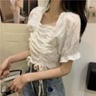 Puff-sleeve Square-neck Drawstring T-shirt
