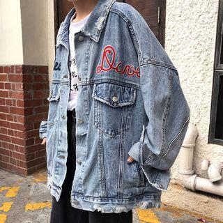 Embroidered Letter Buttoned Denim Jacket Blue - One Size