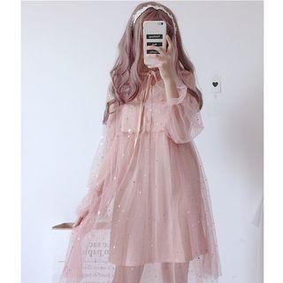 Set: Sheer Panel Long-sleeve Dress + Slipdress