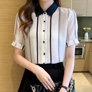 Stand-collar Color Block Striped Short-sleeve Shirt