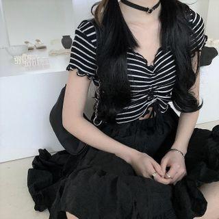 Striped Drawstring Ruched Short-sleeve Knit Top Striped - Black - One Size