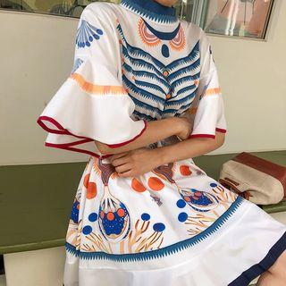 Mockneck Boho Print Gathered Dress Ivory - One Size