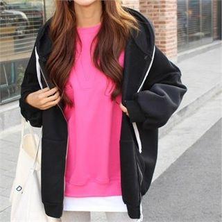 Letter-printed Fleece-lined Zip-up Hoodie Black - One Size