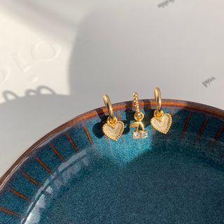 Set Of 3: Heart / Cherry Dangle Earring 3 Pcs - S925 Silver - Gold - One Size