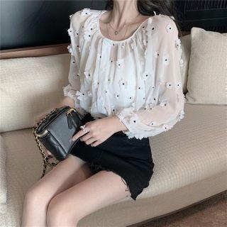 Balloon-sleeve Flower Applique Top Black & White - One Size