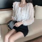 Balloon-sleeve Flower Applique Top Black & White - One Size