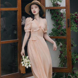 Puff-sleeve Ruffle Striped Midi A-line Dress