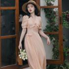 Puff-sleeve Ruffle Striped Midi A-line Dress