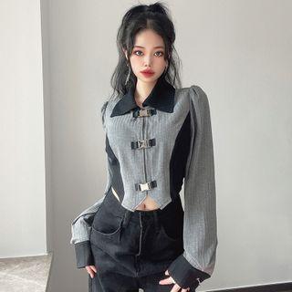 Long-sleeve Contrast Trim Snap Buckle Crop Top