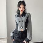 Long-sleeve Contrast Trim Snap Buckle Crop Top