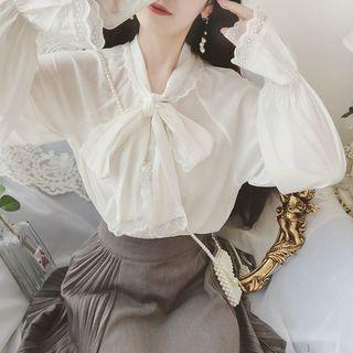 Long-sleeve Lace Trim Ribbon Chiffon Blouse White - One Size