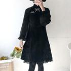 Long-sleeve Cat Embroidery Velvet A-line Dress Black - S