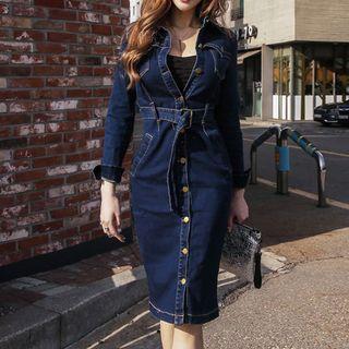 Long-sleeve Buttoned Denim Sheath Dress
