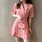 Elbow-sleeve Checker Double Breasted Mini Dress
