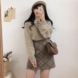 Polo Sweater / Plaid Mini A-line Skirt / Set