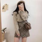 Polo Sweater / Plaid Mini A-line Skirt / Set