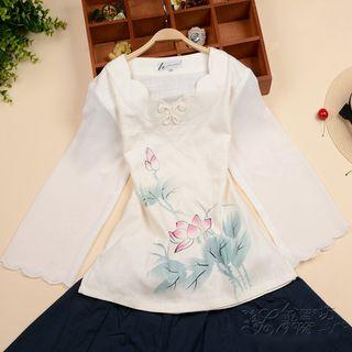 Scallop Trim Floral Print 3/4 Sleeve Cheongsam Top