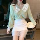 Lace Collar Buttoned Sweater / A-line Mini Tweed Skirt