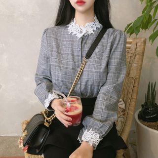 Lace Check Long-sleeve Loose-fit Blouse