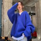 V-neck Plain Loose-fit Sweater Blue - One Size