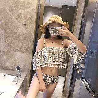 Set: Printed Bikini + Off-shoulder Cover-up Top + Pants