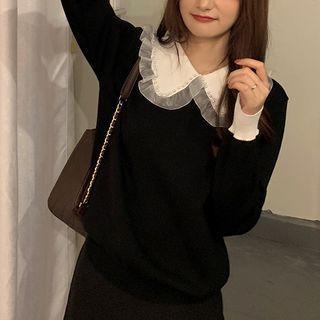 Peter Pan Collar Mesh Knit Long-sleeve Top