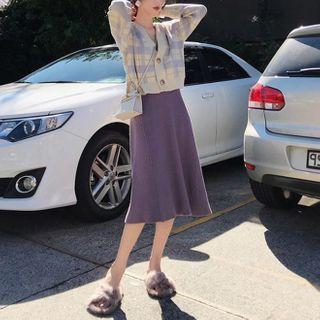 Ribbed Midi Knit Dress / V-neck Plaid Cardigan / Set