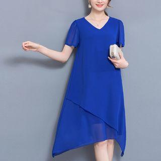 V-neck Plain Chiffon A-line Dress