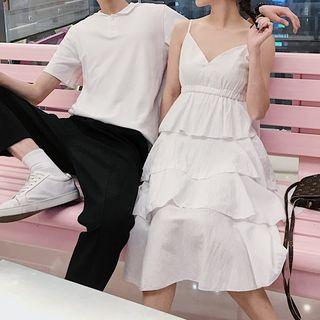 Couple Matching Short-sleeve T-shirt / Spaghetti Strap Midi Layered Dress