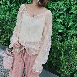 Set: Long-sleeve Lace Buttoned Top + Camisole Top Almond - One Size