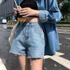 Side-slit Wide-led Denim Shorts