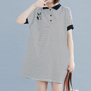 Short-sleeve Contrast Trim Cartoon Striped Mini Polo Dress