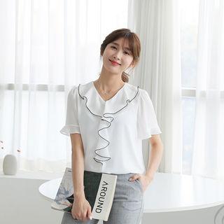 Contrast-trim Ruffle-detail Blouse