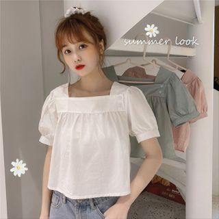 Plain Puff-sleeve Square Neck Blouse