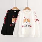 Lace-up Cat Print Sweatshirt