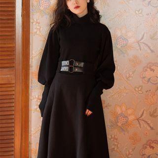 Set: Mock-neck Sweater + Buckled Midi A-line Skirt